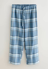 Pantalons de pyjama à carreaux bleu clair avec une taille élastique et un cordon de serrage, présentant des rayures verticales et horizontales dans des nuances variées de bleu et de gris.