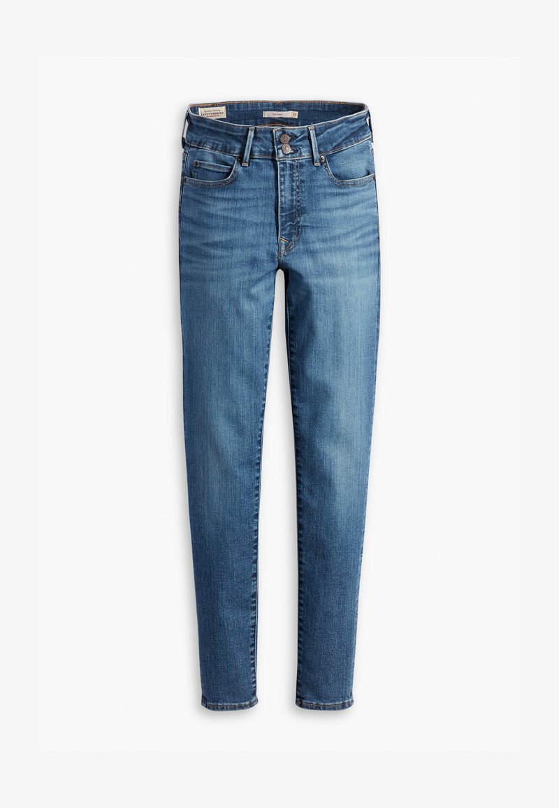 Hochtaillierte, schmale Jeans aus hellblauem Denim. Verfügt über fünf Taschen, einen vorderen Knopfverschluss und klassische Nähdetails.