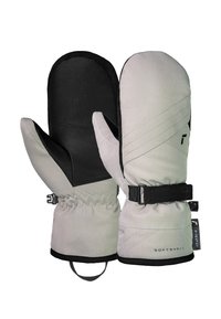 Graue und schwarze Softshell-Handschuhe mit elastischen Bündchen, verstellbaren Riemen und einer strukturierten Lederhandfläche für besseren Grip.
