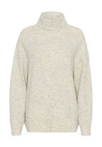 Gai pelēks turtlenecks džemperis, izgatavots no mīksta adījuma materiāla. Piedāvā brīvu piegriezumu, nolaižamus plecus un ribinādus piedurknes.