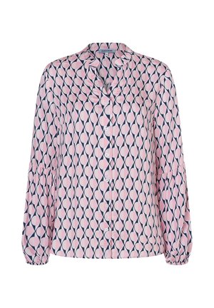 Langarmhemd in Rosa und Marineblau mit einem geometrischen Muster, ausgestattet mit durchgehender Knopfleiste und gerafften Ärmelbündchen für zusätzliche Details.