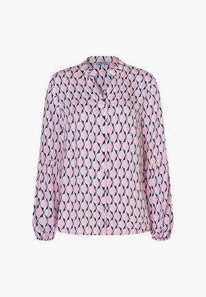 Long-sleeve shirt in pink and navy with a geometric pattern, featuring a button-up front and gathered sleeve cuffs for added detail.
