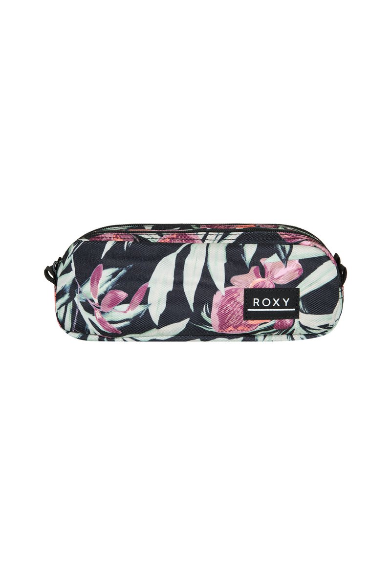 Trousse Roxy en tissu noir avec un motif floral tropical en rose et vert ; dotée d'une fermeture éclair et d'un patch logo Roxy.