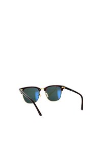 Occhiali da sole con montatura tartarugata, dettagli dorati e lenti blu specchiate. Presentano cerniere in metallo e una finitura liscia e lucida.