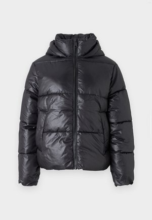 Μαύρο μπουφάν puffer με γυαλιστερή επιφάνεια, μπροστινό φερμουάρ και ψηλό γιακά. Διαθέτει οριζόντιο ραφτό μοτίβο και ελαστικές μανσέτες.