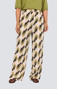 Wide-leg pants in a cream base featuring a green, black, and yellow abstract pattern. Textured fabric with pleats and side pockets.
