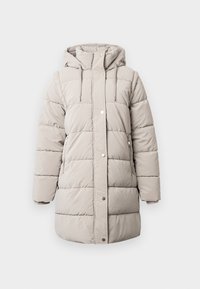 Manteau d'hiver beige rembourré avec capuche, fermeture éclair avant, deux poches latérales, fermetures à pression et panneaux cousus pour l'isolation et la chaleur.