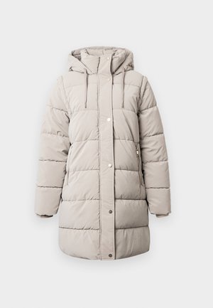 Beige gepolsterter Wintermantel mit Kapuze, Frontreißverschluss, zwei Seiten Taschen, Druckknopfverschlüsse und gestickte Paneele für Isolierung und Wärme.