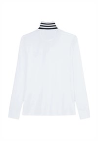 Haut blanc à manches longues avec un col rayé noir et blanc. Texture lisse, coupe décontractée, sans coutures ni motifs visibles.