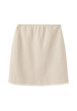 Falda evasé color crema con un pequeño estampado a cuadros en marrón y un sutil borde de encaje en el dobladillo.