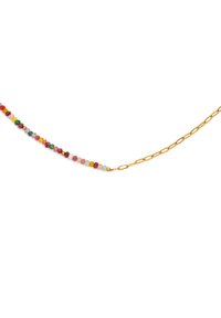 Collar de cuentas coloridas que presenta pequeñas cuentas facetadas en varias tonalidades, conectadas por una cadena de eslabones en tono dorado.