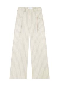 Beige wijde pantalons met verticale streepjes, voorzien van zijzakken, plooien en een gestikte tailleband voor extra structuur.