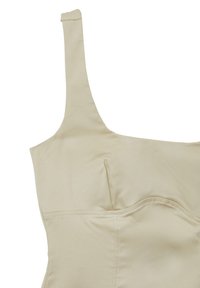 Beige ärmelloses Oberteil mit figurbetontem Oberteil, das einen rundem Ausschnitt und Raffung zeigt. Hergestellt aus glattem, dehnbarem Stoff.