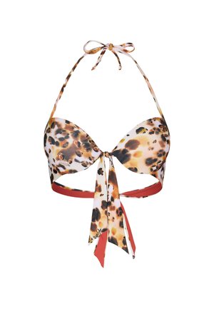 Top bikini in stampa leopardata con coppe imbottite, fascia rossa sotto il seno e un nodo al collo e al centro davanti. Tessuto dalla superficie liscia.
