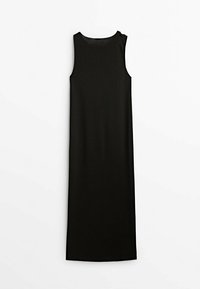 Robe noire longue sans manches avec un col rond haut, présentée à plat sur un fond blanc.
