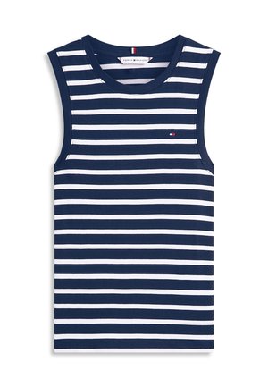Ermeløs marineblå og hvit stripete singlet med rund hals og liten Tommy Hilfiger-logo på brystet.