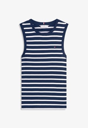Camiseta sin mangas de rayas en azul marino y blanco con cuello redondo y pequeño logo de Tommy Hilfiger en el pecho.
