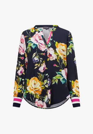 Floral blouse in dark navy, featuring large pink and orange roses. It has a V-neck, long sleeves with striped accents, and a curved hem.