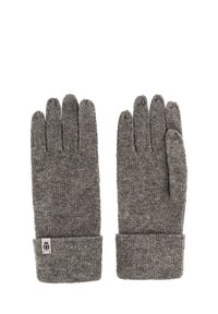 Gray knitted gloves featuring a ribbed cuff, made of soft yarn with a textured finish. The gloves have a seamless design for a snug fit.