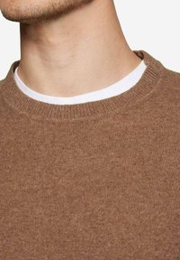 Brun striktrøje med rund halsudskæring og ribbede ærmer, lavet af et blødt materiale med en fin tekstur. Letvægts og afslappet design.