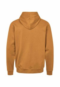 Sweat à capuche marron vu de dos avec manches longues et poignets et ourlet côtelés sur fond blanc.