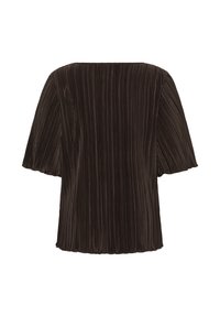 Blouse marron foncé à manches courtes avec plis verticaux et encolure droite, présentée sur fond blanc.