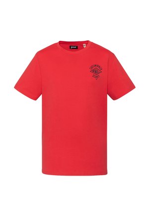Rotes T-Shirt mit kurzen Ärmeln, schwarzem "Custom Biker Schott NYC"-Logo auf der linken Brust und rundem Halsausschnitt.