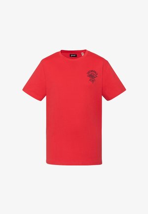 T-shirt rouge à manches courtes avec logo noir "Custom Biker Schott NYC" sur le côté gauche de la poitrine et col rond.