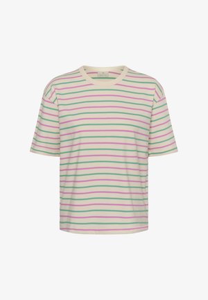 Rövid ujjú, pamutból készült póló vízszintes, pasztell rózsaszín és zöld csíkokkal, fehér alapon, kerek nyakkivágással.