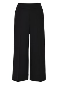 Pantalons larges noirs en tissu lisse et extensible. Dotés d'une taille haute et de plis marqués pour un look soigné.