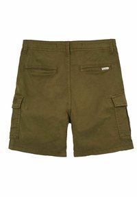 Oliwkowe szorty cargo z dwiema tylnymi kieszeniami, boczną kieszenią cargo oraz wyszywanymi detalami. Materiał wygląda na lekki i wytrzymały.