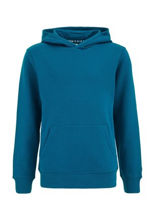 Blågrøn hættetrøje lavet af blødt stof med en lomme foran og ribkanter på ærmer og kant. Glat tekstur og minimalistisk design.