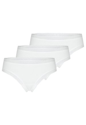 Three white women's hipster-style underwear with lace trim on waistband and leg openings, arranged overlapping on a white background.
