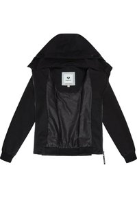 Svart huva jacka med öppen framsida, ribbade manschetter, mönstrad innerfoder och synlig etikett som säger "ragwear."