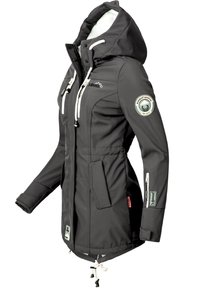 Black waterproof jacket with a hood, elastic cuffs, white drawstrings, and logo patches. Features side pockets and contrast lining.