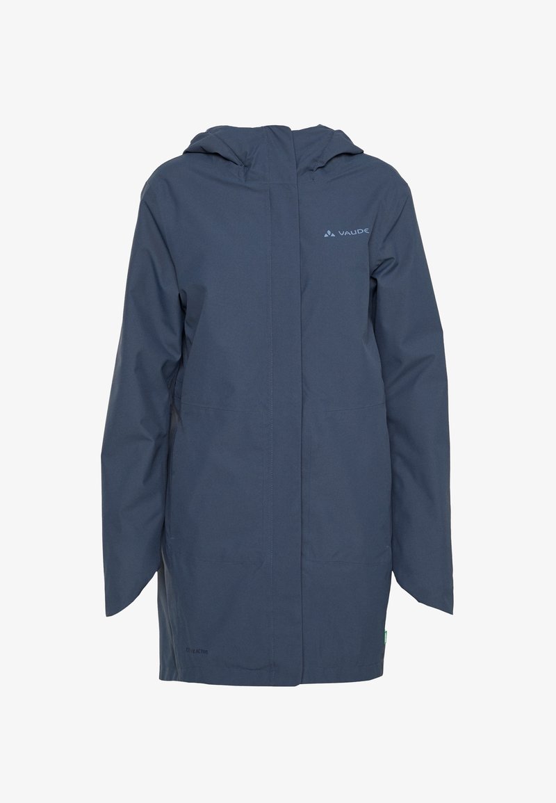 Imperméable bleu marine avec capuche, manches longues et fermeture frontale, avec logo Vaude sur la poitrine.