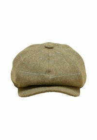 Plstěná bekovka s vzorom kocky houndstooth v tlmenej olivovej zelenej vlnenej látke. Má zaoblený vrch, krátky tuhý štítok a gombíkový detail. Povrch s textúrou.