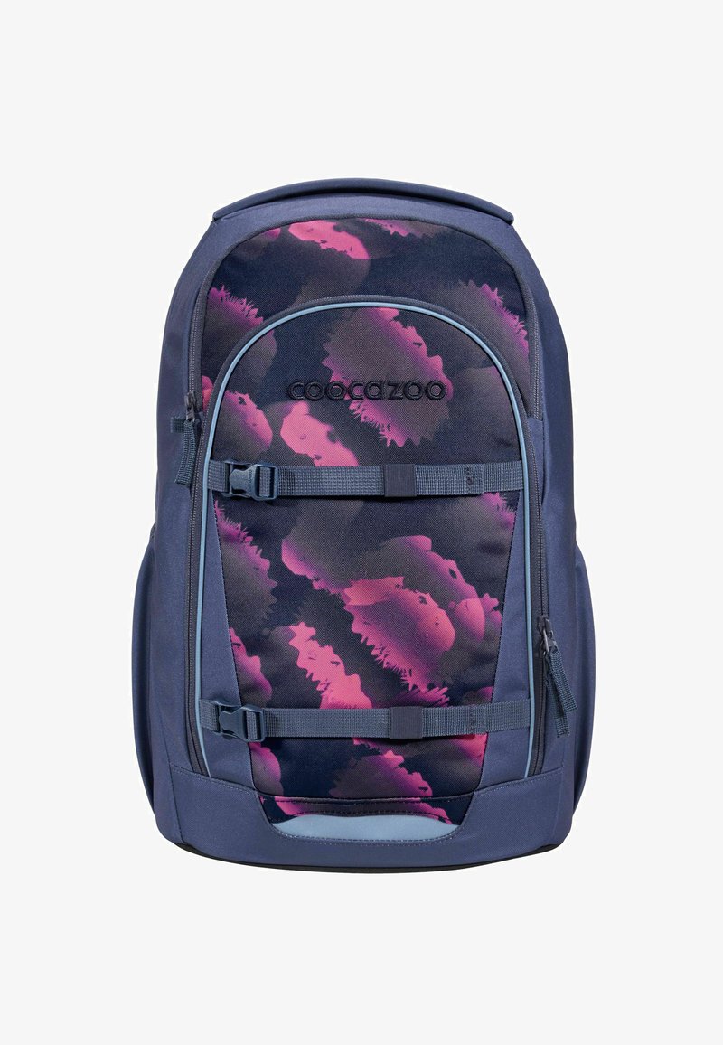 Navyfarbener Rucksack mit pinken abstrakten Mustern. Hergestellt aus strukturiertem Stoff, verfügt über verstellbare Träger und eine vordere Reißverschlusstasche für zusätzlichen Stauraum.