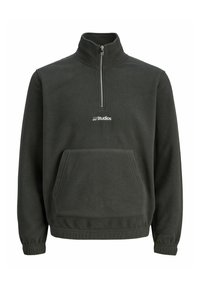Fleece pullover in dark green, with a quarter zip, front kangaroo pocket, and white embroidered "JJ Studios" logo on the chest.