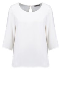 White blouse with three-quarter sleeves, round neckline, and a keyhole back detail. Smooth fabric with subtle sheen, featuring side slits.