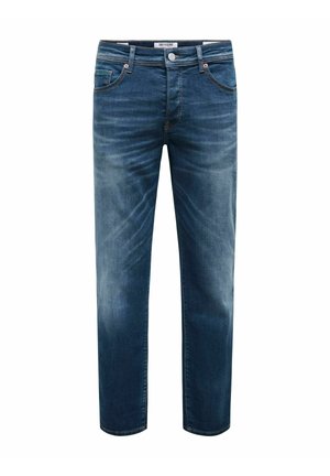 Mørkeblå denim jeans med lige ben, der har subtil fading og lys syning. Indeholder fem lommer og en metalknaplukning.