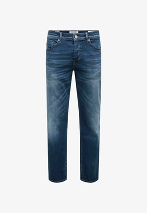 Dark blue denim jeans with a straight-leg cut, featuring subtle fading and light stitching. Includes five pockets and a metal button closure.