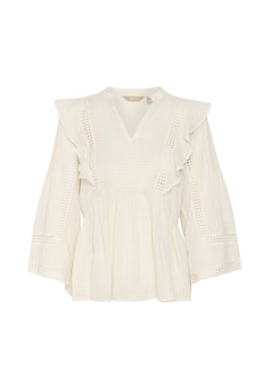 Valge pluus volangidega õlgadel, V-kaelus, tekstuuriga kangas ja pitsdetailid käistel ning külgedel. Terav ja kergesti kantav disain.