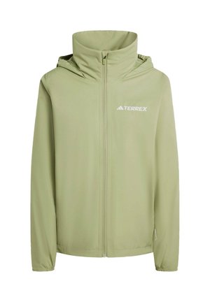 Light green Terrex jacket with long sleeves, high collar, full zipper, and hood. Features elastic cuffs and a subtle logo on the chest.
