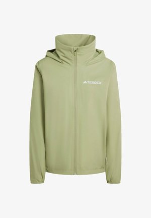 Light green Terrex jacket with long sleeves, high collar, full zipper, and hood. Features elastic cuffs and a subtle logo on the chest.