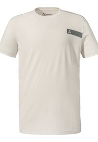 Light beige short-sleeve T-shirt made of smooth fabric with a rounded neckline. Features a dark gray horizontal stripe and logo on the chest.