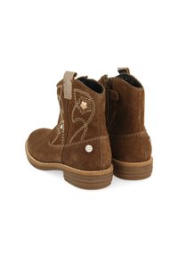 Stivali alla caviglia in suede marrone con design ricamato e accenti a forma di stella, dotati di una cerniera laterale e un tacco basso impilato.