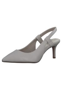 Light grey slingback high heel shoe with a pointed toe, smooth leather material, and slim heel. Two narrow straps across the instep.