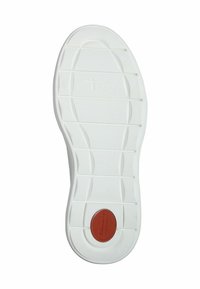Suola di scarpa in gomma bianca con superficie testurizzata e motivo a griglia, e un emblema circolare rosso con la scritta "Comfort."