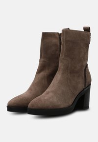 Stivaletti in suede marrone con punta affusolata, zip laterale e tacco impilato. Presentano dettagli cuciti e una finitura texture.